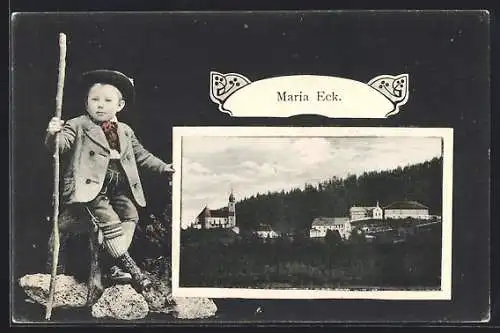 AK Maria Eck, Ortspartie mit Kirche, Junge in Tracht