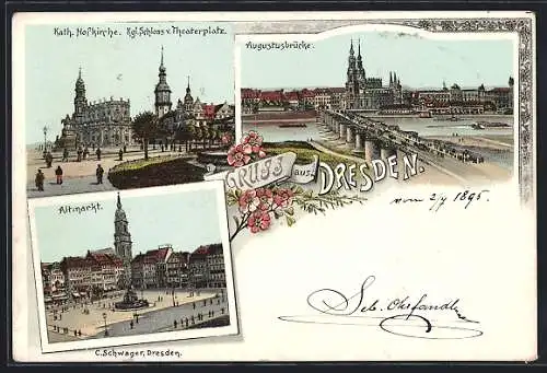 Vorläufer-Lithographie Dresden, 1895, Katholische Hofkirche und Kgl. Schloss v. Theaterplatz, Augustusbrücke, Altmarkt