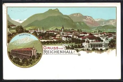 Lithographie Bad Reichenhall, Gradirhaus, Totale