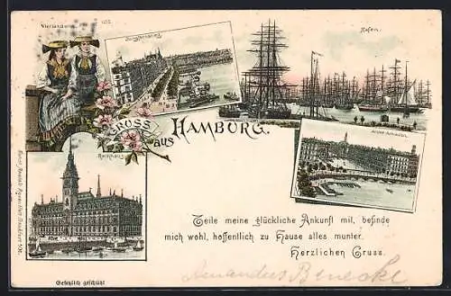 Lithographie Hamburg, Rathaus, Alster-Arkaden, Hafen