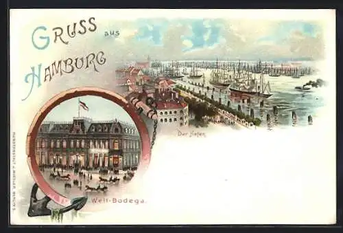 Lithographie Hamburg, Schiffe im Hafen, Hotel Wismar