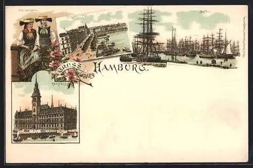 Lithographie Hamburg, Jungfernstieg aus der Vogelschau, Hafen mit Schiffen, Rathaus