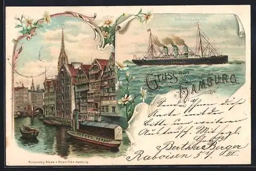 Lithographie Alt-Hamburg, Am Catharinenfleet, Schnelldampfer