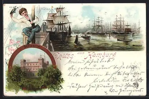 Lithographie Hamburg-St.Pauli, Hafen, Seewarte, Am Fahnenmast, Segelschiffe