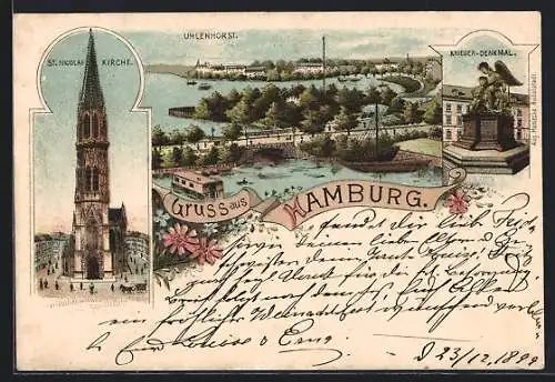 Lithographie Hamburg-Uhlenhorst, Alsterpartie, Krieger-Denkmal, St. Nicolai-Kirche