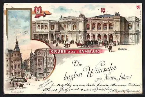 Lithographie Hamburg, Börse, Neuer Wall mit Stadthaus und Strassenbahn, Neujahrsgruss