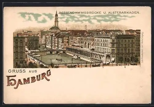 Lithographie Hamburg-St.Georg, Reesendammbrücke & Alsterarkaden