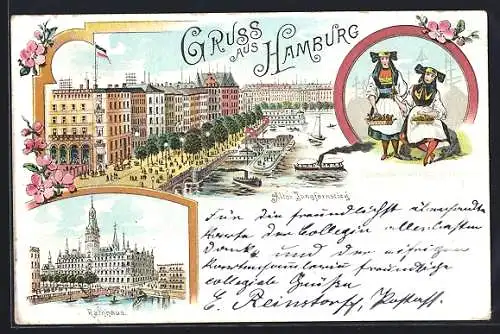 Lithographie Hamburg-Neustadt, alter Jungfernstieg mit Alster und Stadtansicht, Rathaus, Frauen in Tracht