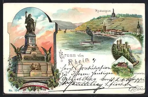 Lithographie Rüdesheim / Rhein, National-Denkmal, Burg Rheinstein, Raddampfer