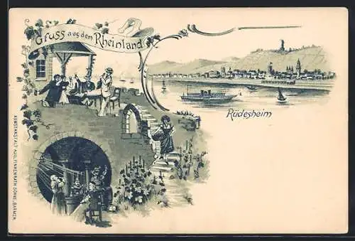 Lithographie Rüdesheim / Rhein, Terrasse von Gasthaus, Totalansicht