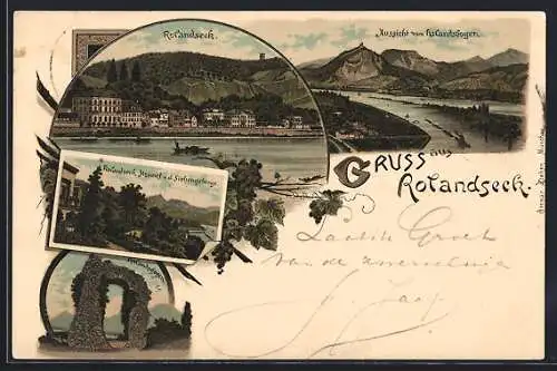 Lithographie Rolandseck, Aussicht vom Rolandsbogen, Blick auf Honnef und Siebengebirge