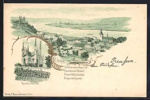 Lithographie Remagen, Apollinariskirche, Blick zum Ort