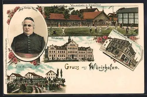 Lithographie Bad Wörishofen, Kinderasyl, Bad Geromiller, Wandelbahn mit Glaspalast, Pfarrer Kneipp