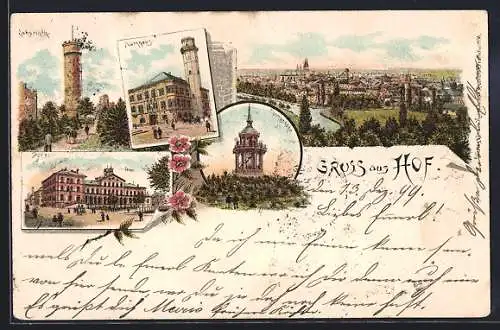 Lithographie Hof, Ortsansicht, Rathhaus, Post, Thomashöhe