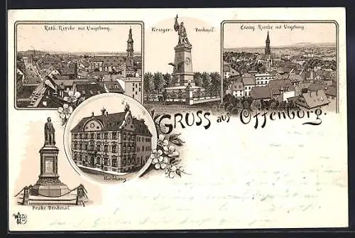 Lithographie Offenburg, Rathaus, Kriegerdenkmal, Prake-Denkmal