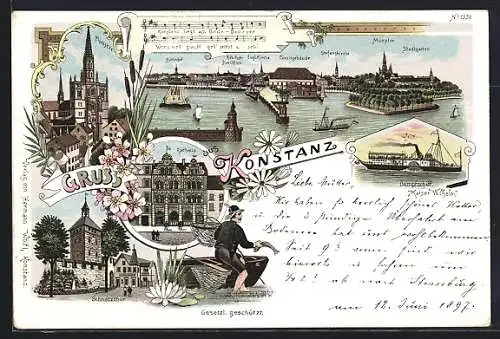 Lithographie Konstanz, Panorama mit Bahnhof, Fischer, Schnetzthor