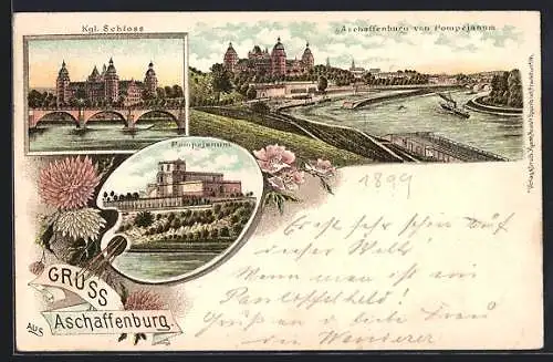 Lithographie Aschaffenburg, Kgl. Schloss und Pompejanum