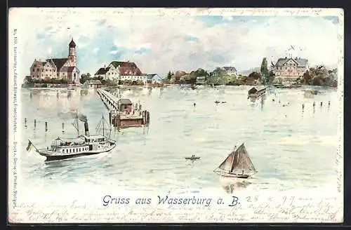 AK Wasserburg am Bodensee, Blick vom See auf Ort mit Kirche