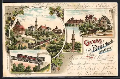 Lithographie Degerloch, Aussichtsturm, Bergbahn