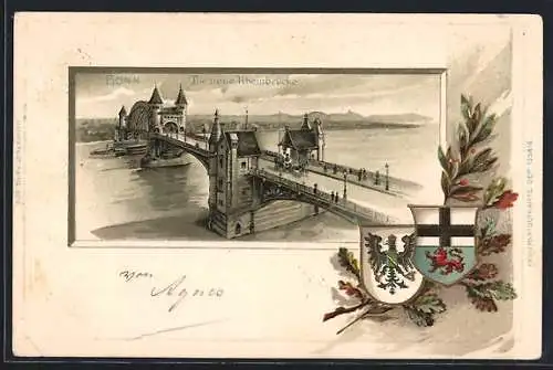 Passepartout-Lithographie Bonn, Neue Rheinbrücke mit Wappen