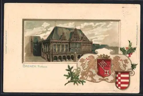 Passepartout-Lithographie Bremen, Partie am Rathaus, Wappen