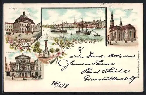 Lithographie Hamburg-Altona, Rathaus, Stadttheater und Hauptkirche