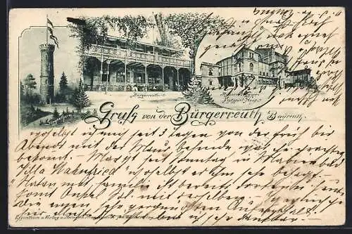 AK Bayreuth, Gasthof Bürgerreuth, Siegesturm und Richard Wagner Festspiel-Haus