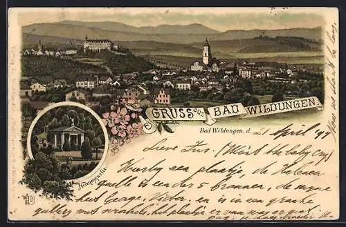 Lithographie Bad Wildungen, Panorama und Helenenquelle