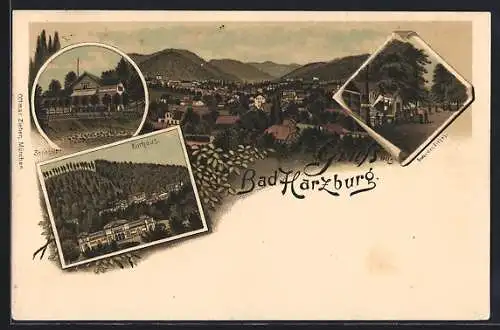 Lithographie Bad Harzburg, Kurhaus, Sennhütte, Unter den Eichen