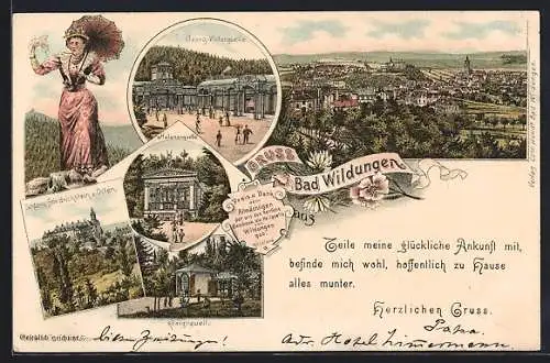 Lithographie Bad Wildungen, Helenenquelle, Georg-Victorquelle, Königsquelle