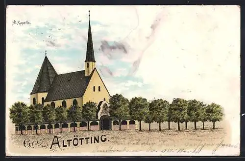 Lithographie Altötting, Blick auf die Hl. Kapelle