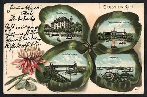 Lithographie Kiel, Kgl. Schloss, Kaiserl. Marine-Akademie, Kriegshafen im Kleeblatt