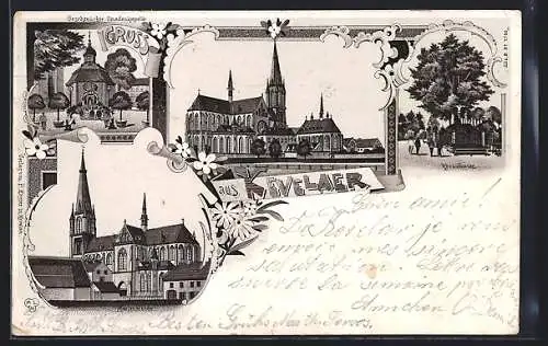 Lithographie Kevelaer, Marienkirche, Geschmückte Gnadenkappelle und Kreuzbaum