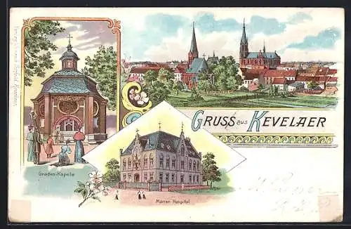 Lithographie Kevelaer, Gesamtansicht, Gnaden-Kapelle und Marien Hospital