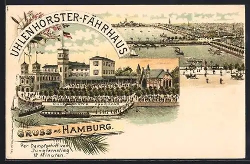 Lithographie Hamburg-Uhlenhorst, Gasthaus Uhlenhorster Fährhaus, Panorama vom Jungfernstieg