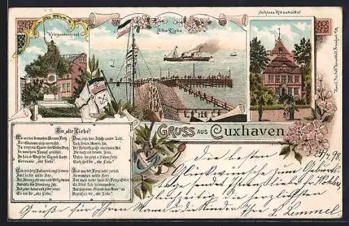 Lithographie Cuxhaven, Alte Liebe, Kriegerdenkmal, Schloss Ritzebüttel