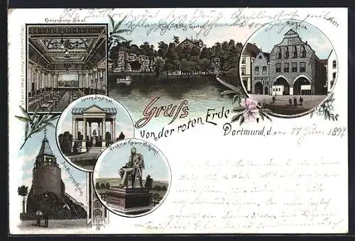 Lithographie Dortmund, Rathaus, Kronenburg l, Denkmal Kaiser Wilhelm I.