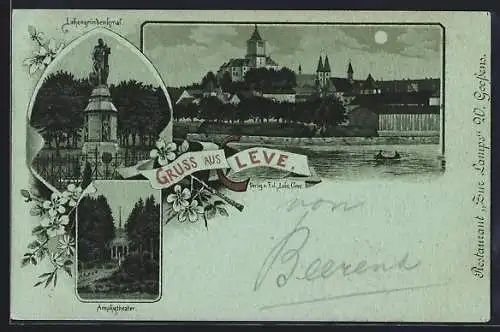 Mondschein-Lithographie Cleve, Lohengrindendenkmal, Amphytheater und Ansicht bei Nacht