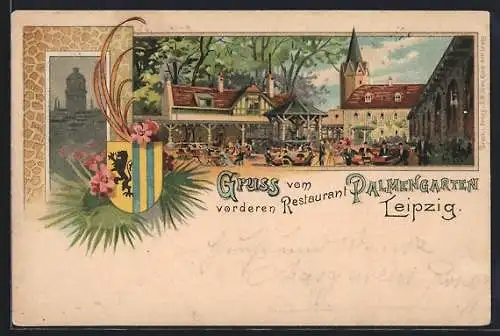 Lithographie Leipzig, Restaurant Palmengarten, Sitzanlagen im Garten