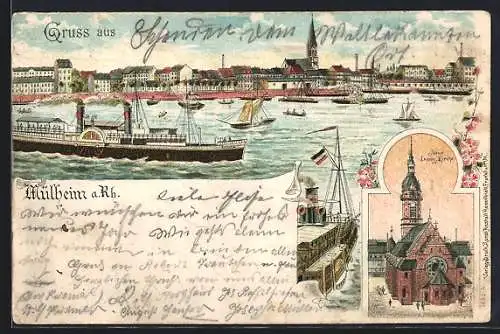 Lithographie Mülheim, Hafenpartie und Neue Evang. Kirche