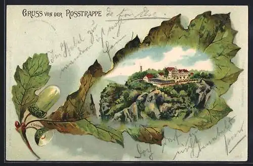 Passepartout-Lithographie Thale, Rosstrappe in einem Eichenblatt