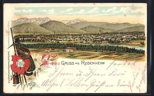 Lithographie Rosenheim / Bayern, Gruss mit dem Panorama der Stadt