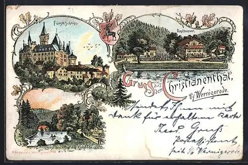 Lithographie Christianenthal, Fürstl. Schloss, Restaurant, Eingang ins Tal mit Kaiserdenkmal