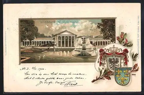 Passepartout-Lithographie Wiesbaden, Colonnaden, Wappen