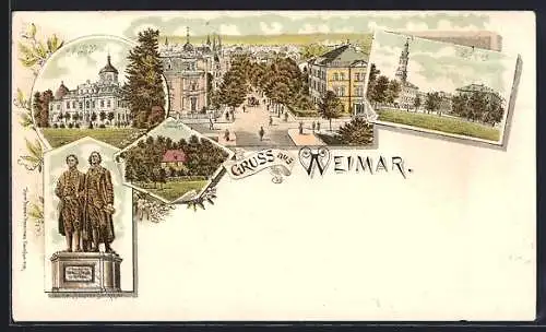 Lithographie Weimar / Thüringen, Goethe-Schiller-Denkmal, Schloss und Goethes Gartenhaus
