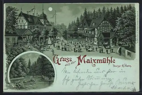 Mondschein-Lithographie Maixmühle, Restaurant von A. Horn, Sitzplätze auf dem Hof