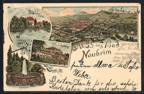 Lithographie Bad Nauheim, Teichhaus, Kurhaus, Sprudel, Totalansicht vom Flugzeug aus