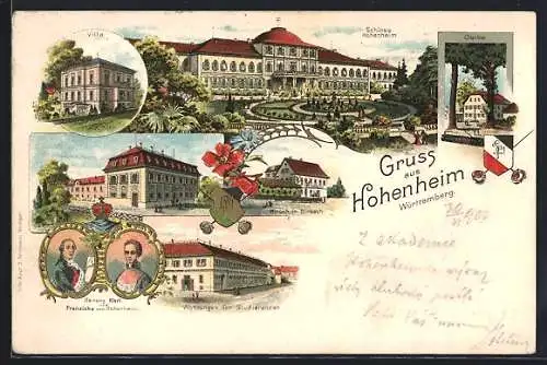 Lithographie Hohenheim, Gasthaus Hirsch in Birkach, Gartenbauschule, Schloss Hohenheim