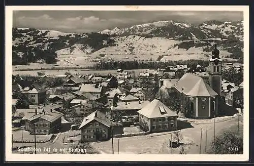 AK Sonthofen, Ortspartie im Winter mit Kirche, Stuiben