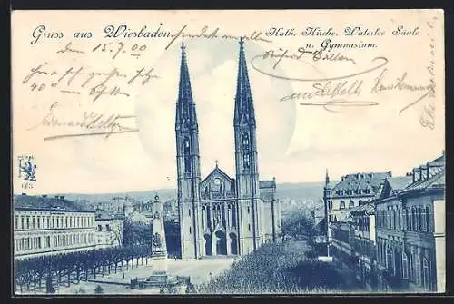 AK Wiesbaden, Kath. Kirche, Waterloo-Säule u. Gymnasium